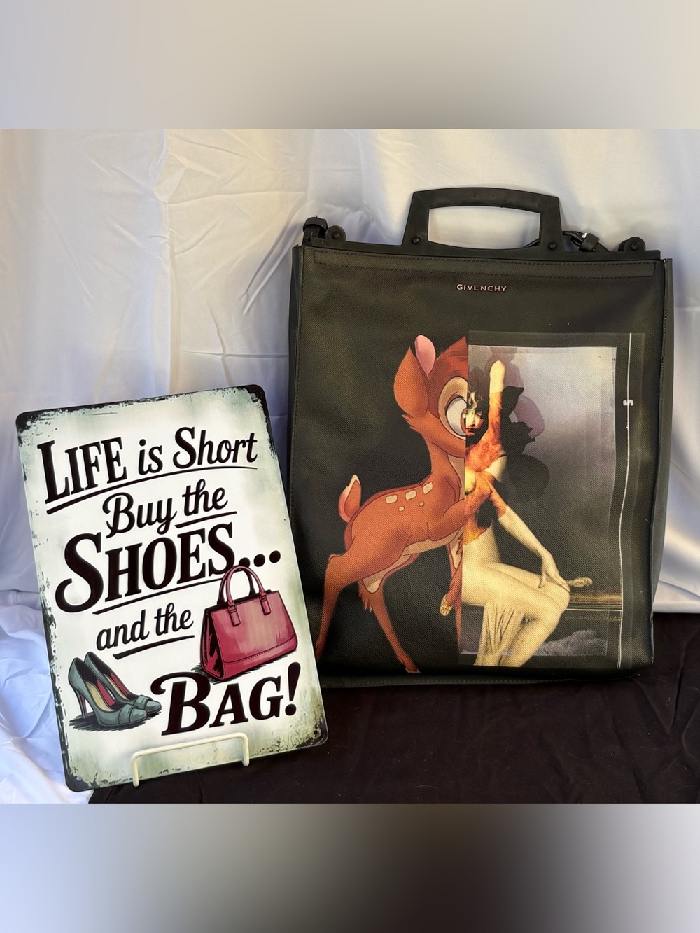Givenchy & Disney Collaboration Black Leather Tote with Colorful Bambi Graphic